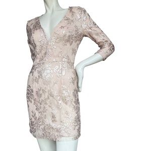 Lovers + Friends Beige Deep V Neck 3/4 Sleeve Floral Sequin Mini Dress Small
